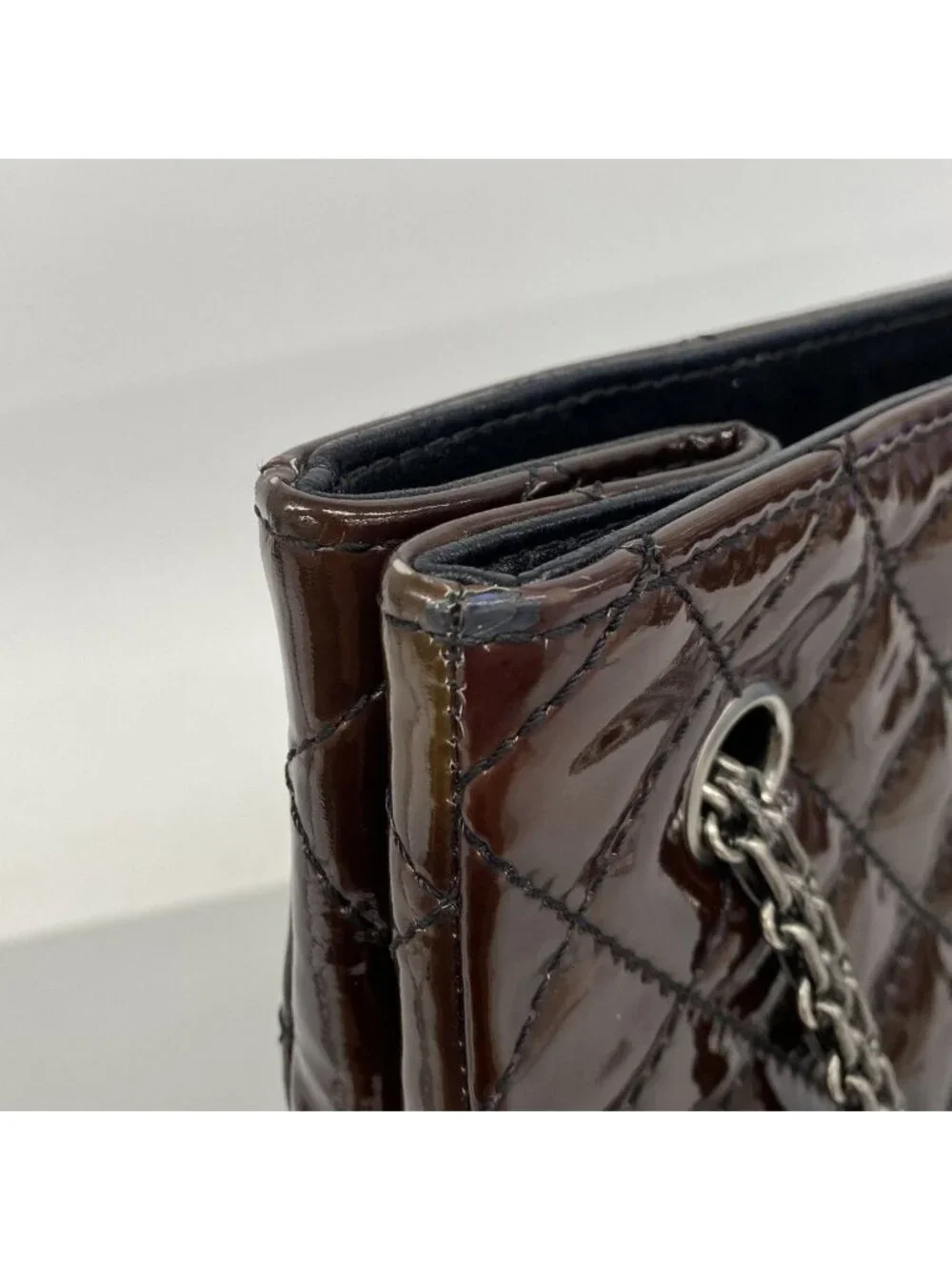 Chanel Chain Tote 2.55 Quilted Patent Leather Dark Brown Silver